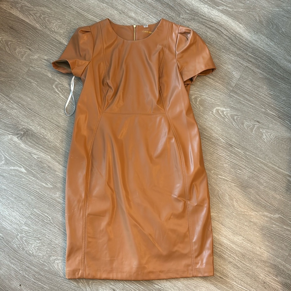 Calvin Klein faux leather cognac dress